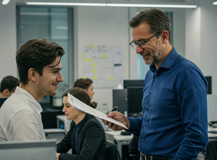 Manager loda un collaboratore che si appena distinto in un compito importante, comportamento alla base del senso di appartenenza aziendale | MentiPratiche