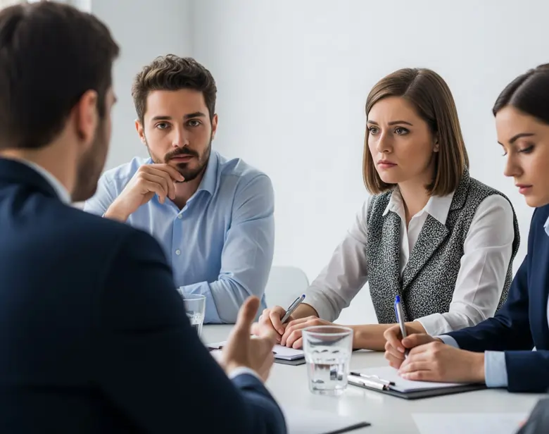 Sguardi persi nel vuoto, spaventati e demotivati in un team che ha paura di affrontare il cambiamento in azienda | MentiPratiche