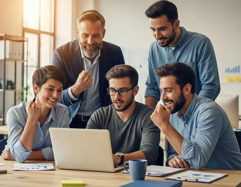 Team convinto e motivato che lavora alacremente al cambiamento aziendale, il pugno chiuso segna il raggiungimento di un obiettivo, magari secondario, ma comunque importante | MentiPratiche