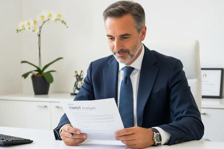Imprenditore sui 50 anni, seduto alla sua scrivania, rilegge il rapporto sull'analisi SWOT | MentiPratiche
