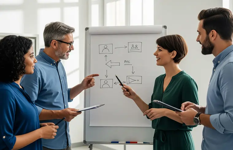 Total quality management parla con li altri collaboratori aziendali davanti a una lavagna | MentiPratiche