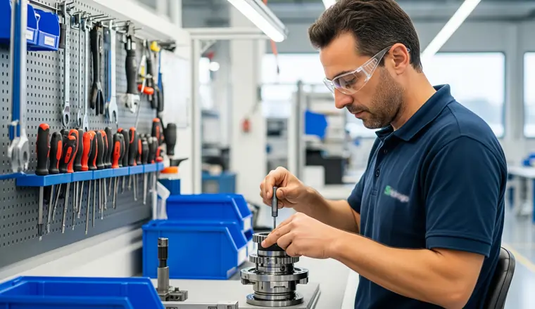 Un operaio lavora in un'officina ben pulita e ordinata, simbolo dell'applicazione del metodo kaizen in Italia | MentiPratiche
