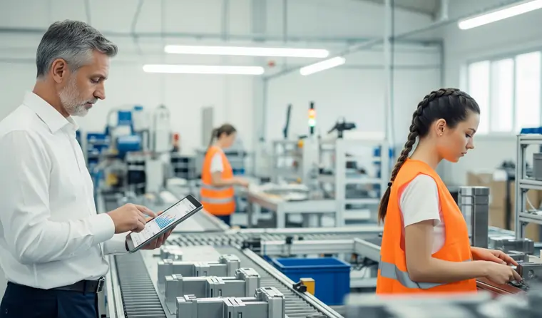 Applicazione del metodo Kaizen in fabbrica, in questo caso un manager osserve il lavoro delle collaboratrici | MentiPratiche
