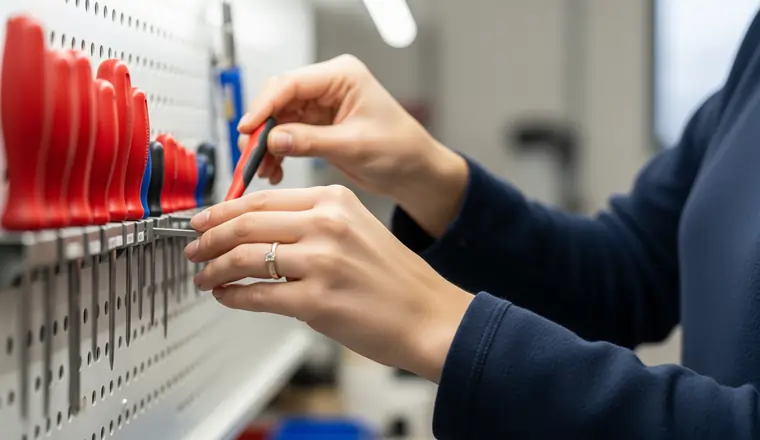Operaio che rimette al suo posto l'attrezzo in un'officina ordinata grazie al metodo kaizen | MentiPratiche